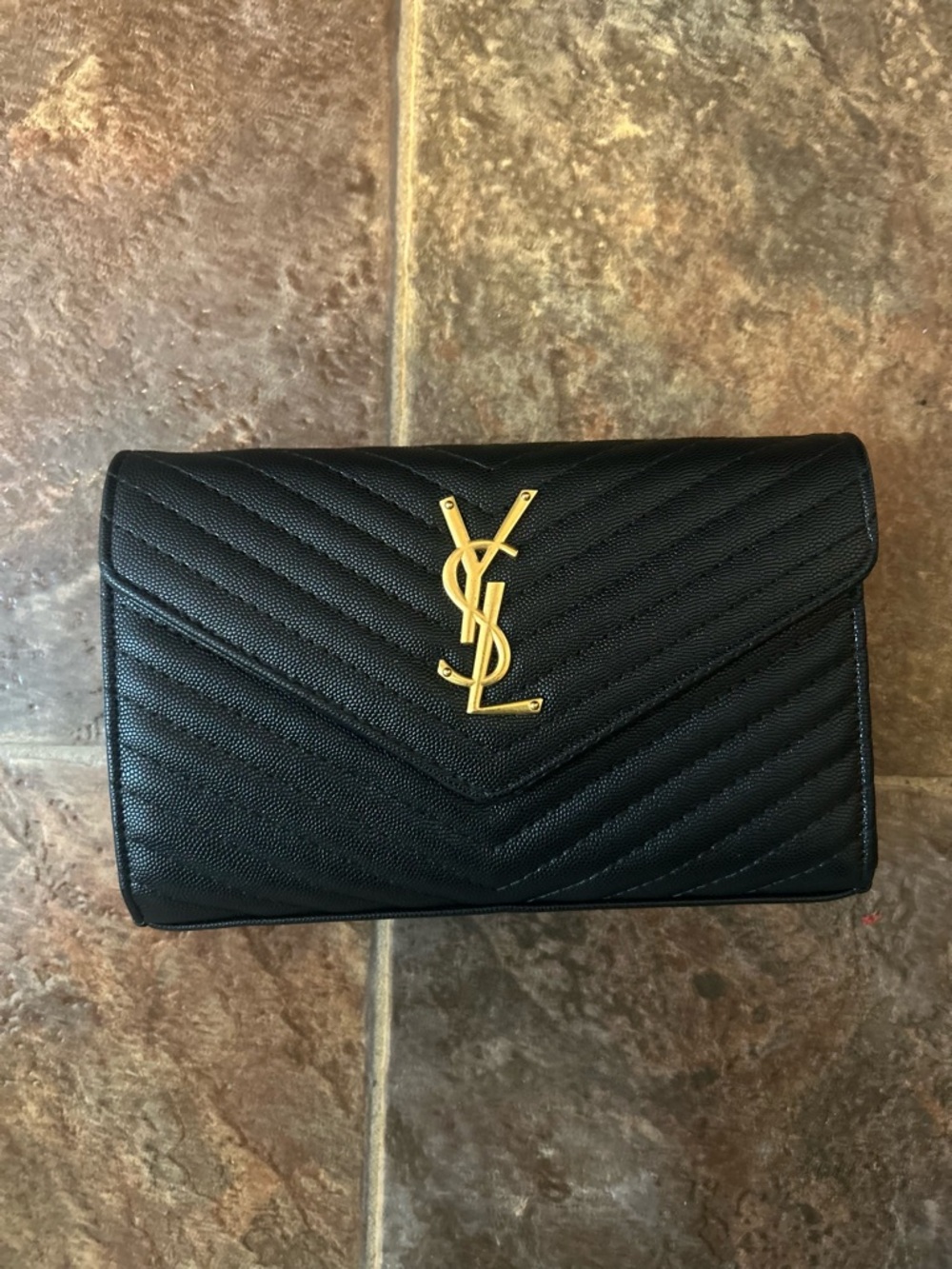 Saint Laurent Black Quilted Leather Wallet Clutch with Gold YSL Logo
